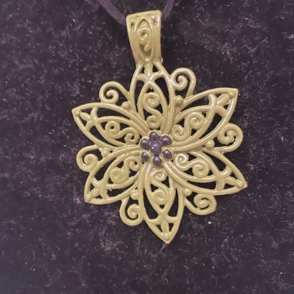 19” Bohemian braided necklace & 2” green enameled open scroll work pendant - Picture 3 of 10